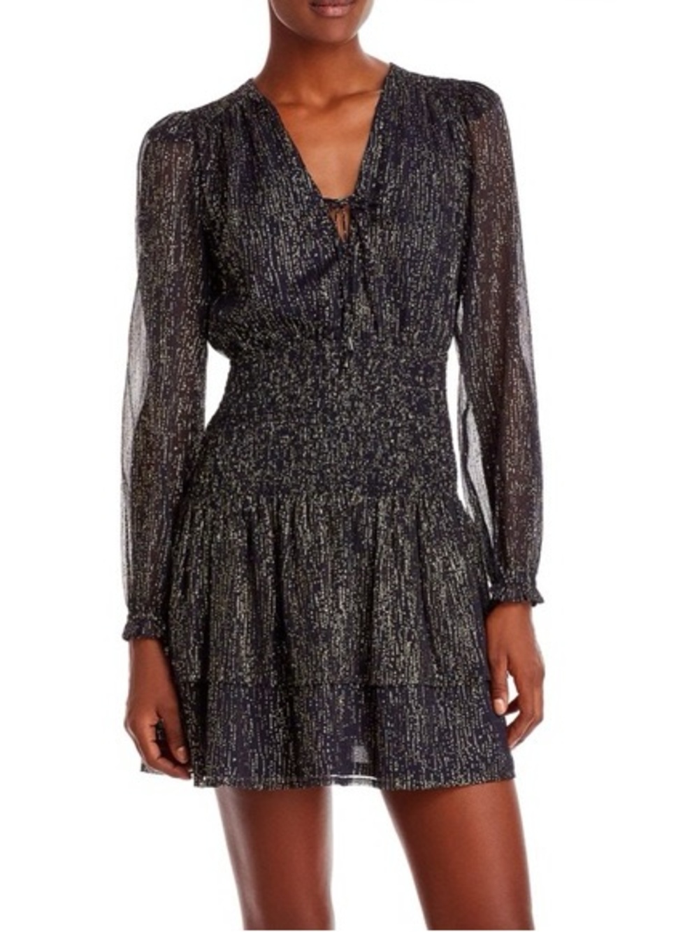 Aqua Black Dress with Gold Metallic Thread Long Sleeve V-Neck